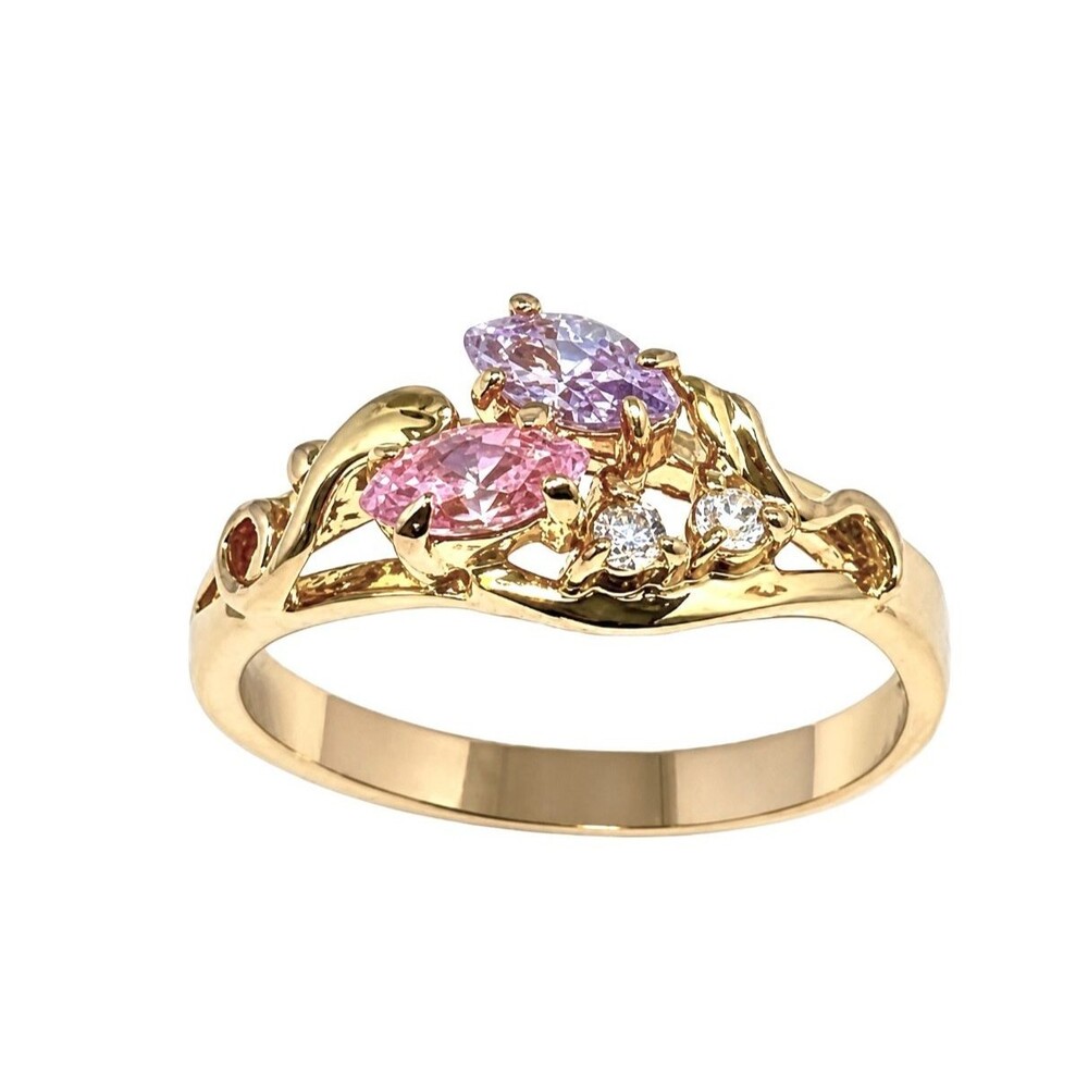 Vintage 1970s Ring Size 8 Pink Purple CZ Marquise Cluster Gold Plated - 14L
